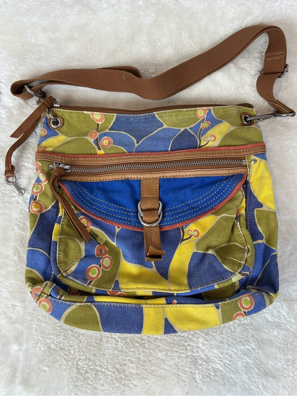 Vintage Fossil Colorful Canvas Crossbody Bag in Blue, Yellow & Olive